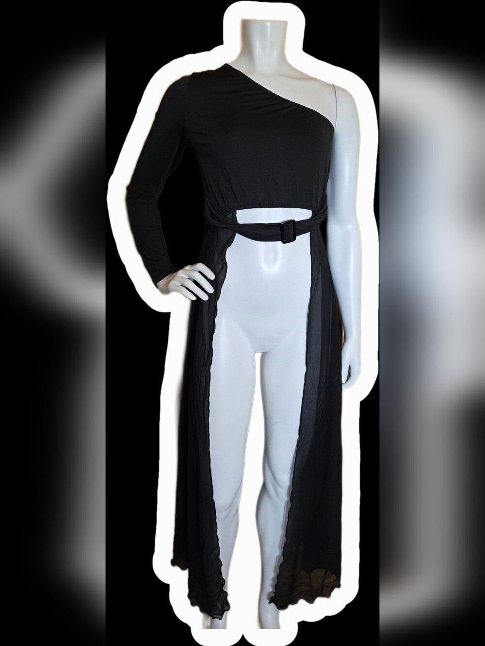 Black One-Shoulder Cutout Shirt with Belt